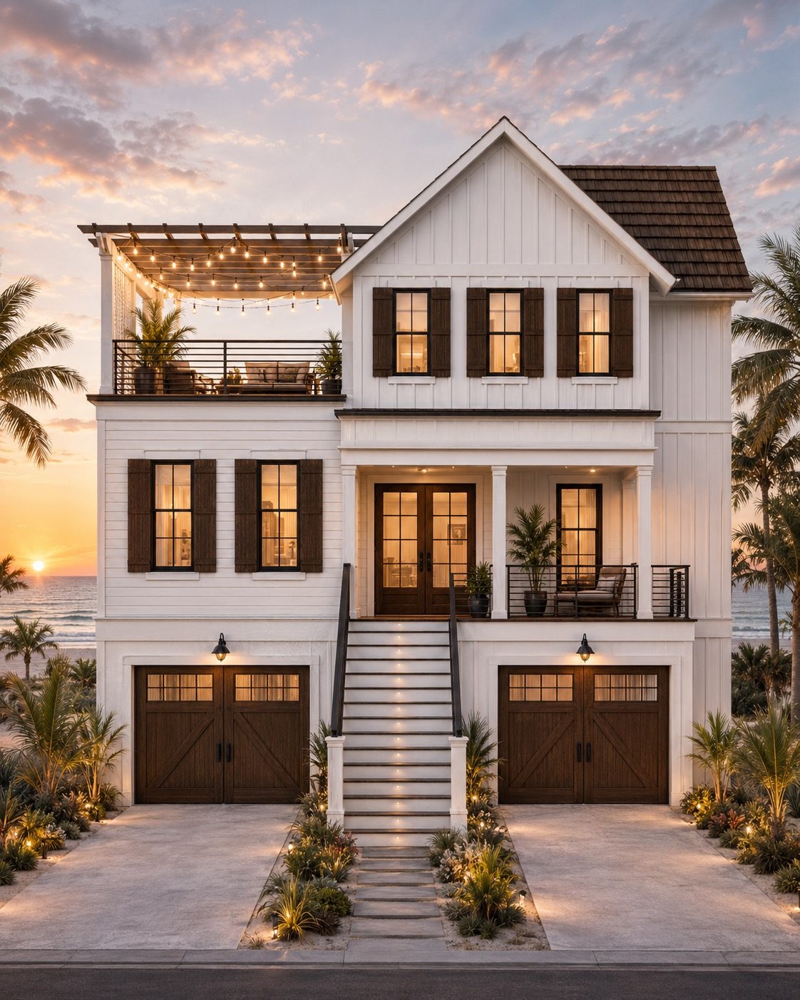 Rendering of the Ashley House at sunset: white siding with dark shutters, a covered entry porch with French doors, a rooftop deck with a pergola and string lights, and two wood carriage garage doors