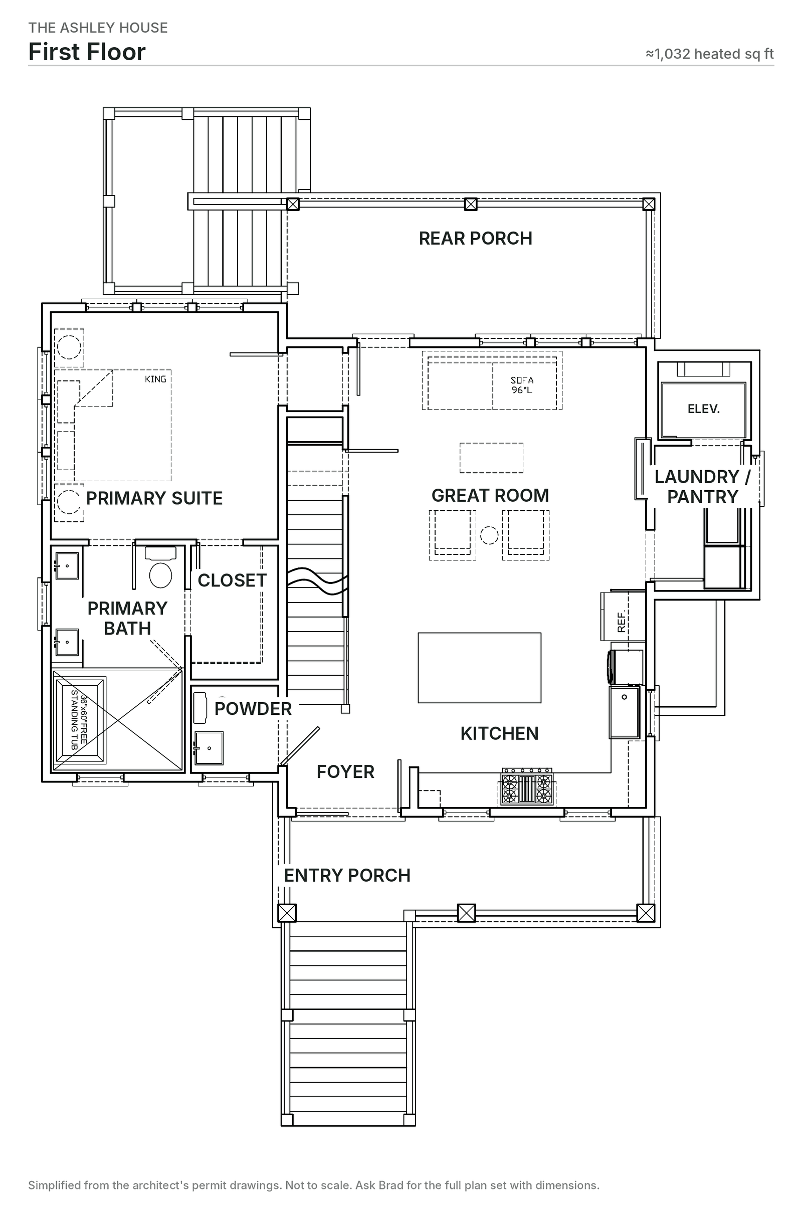 First floor plan: entry porch, foyer, great room with fireplace, kitchen with island, primary suite with bath and closet, powder room, laundry and pantry, rear porch