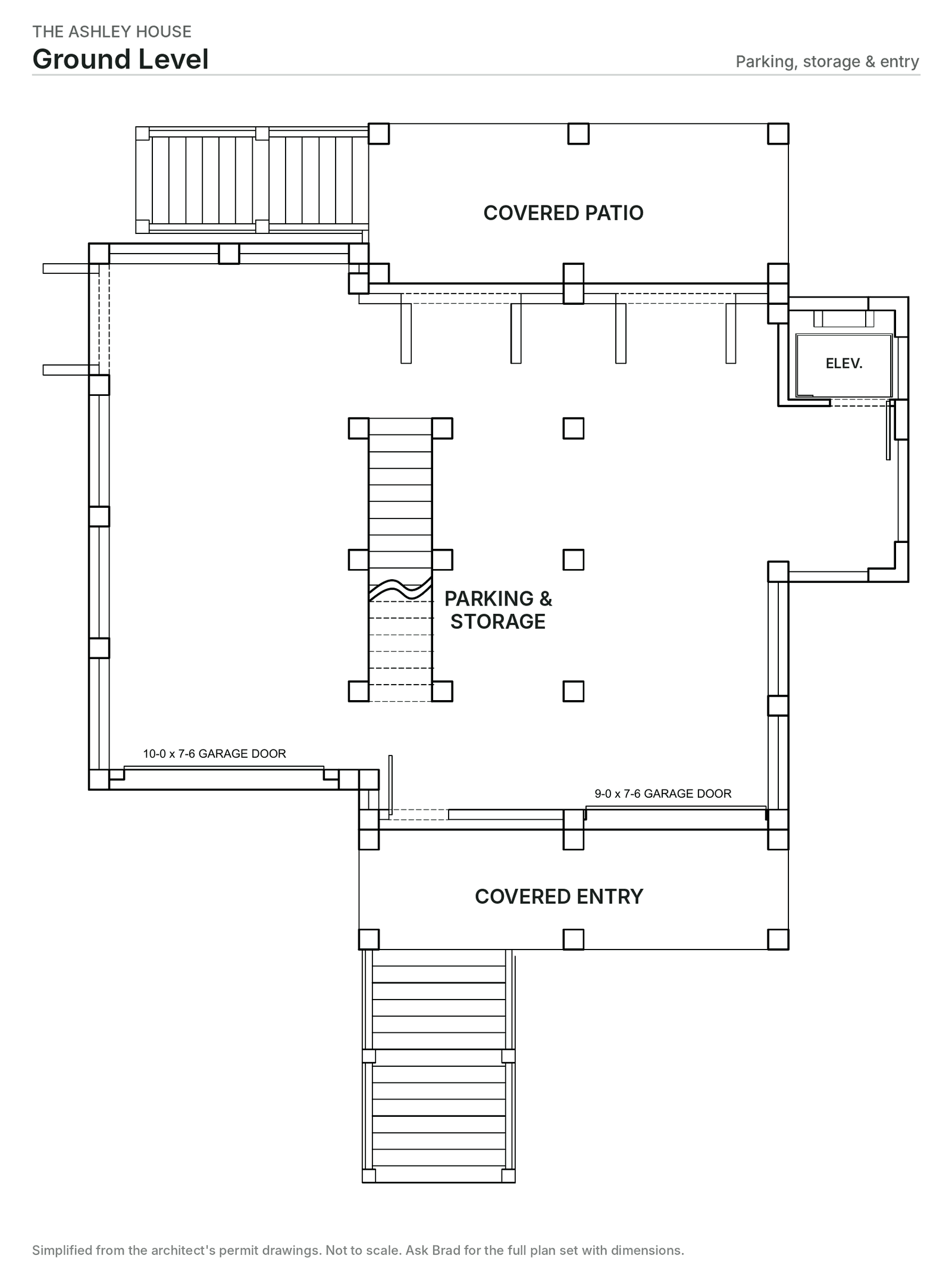 Ground level plan: drive-under parking for two cars, stair and elevator, concrete slab, louvered screening