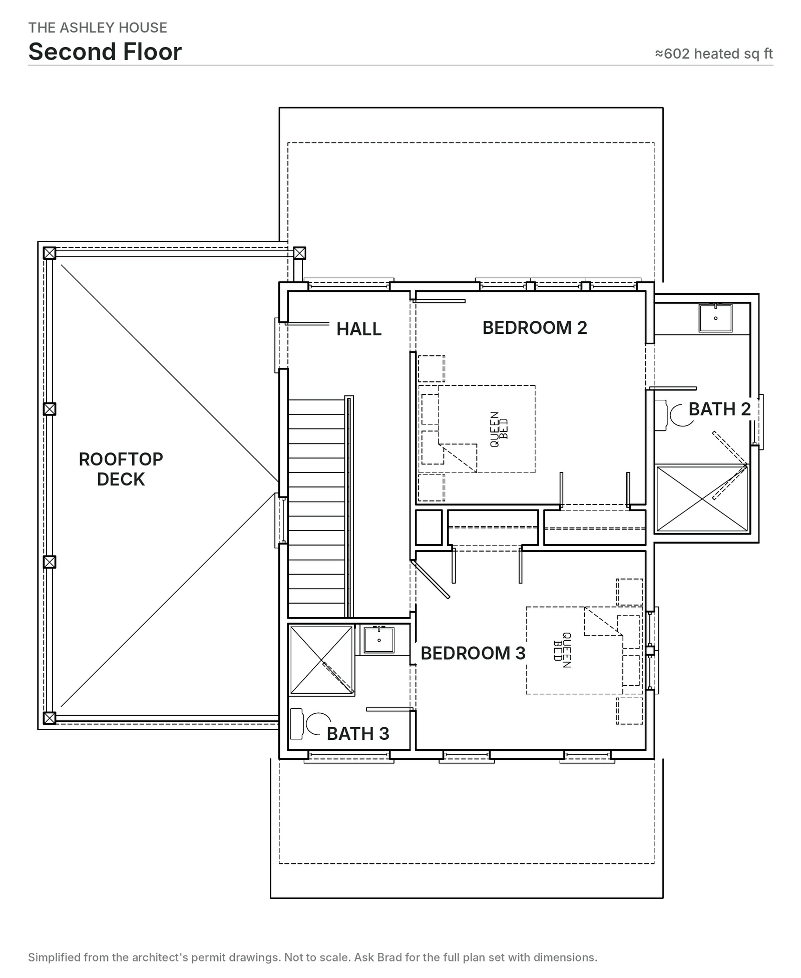 Second floor plan: bedrooms 2 and 3 with baths, hall, and a large deck