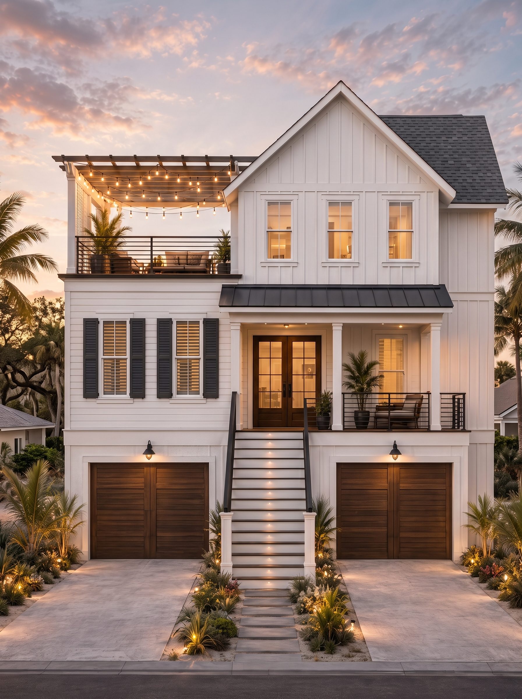 Rendering of the Ashley House at sunset: white siding with louvered shutters, a covered entry porch with French doors under a metal roof, a rooftop deck with a pergola and string lights, and two wood garage doors