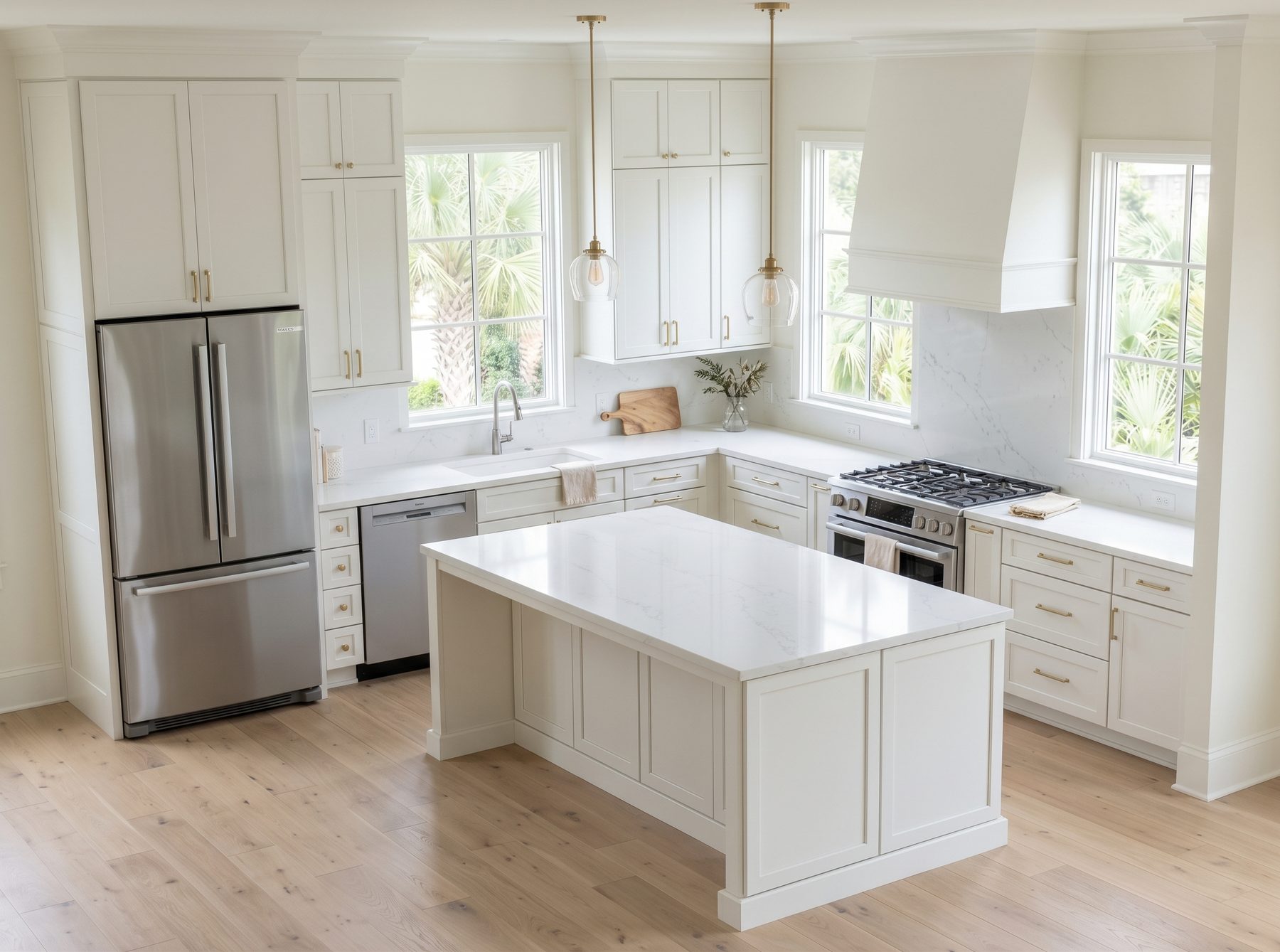 Rendering of the Ashley House kitchen: white shaker cabinets, a painted range hood, stainless appliances, a paneled island and windows on two walls