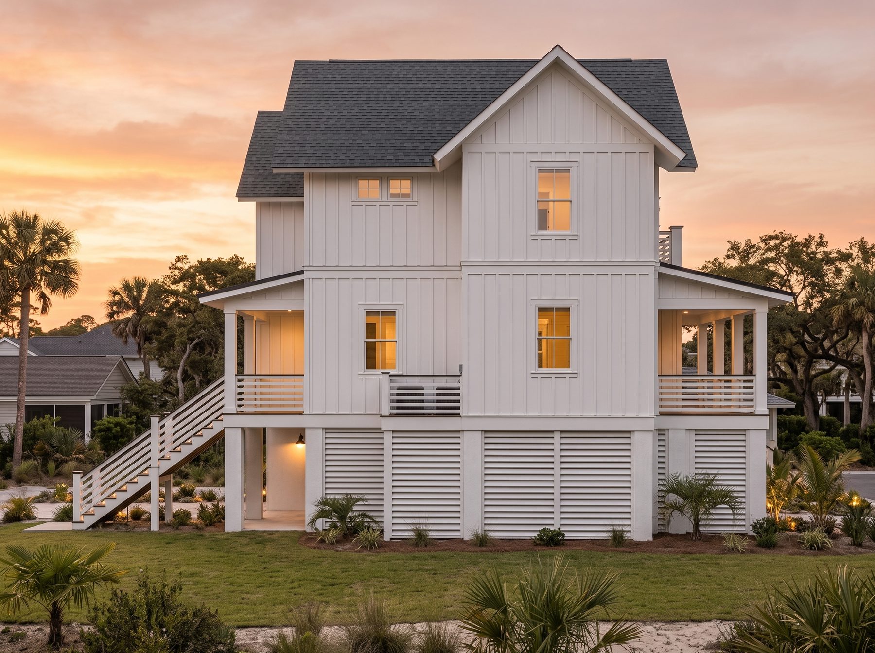 Rendering of the Ashley House from the side: board-and-batten siding, covered porches on both ends, a stair from the yard and louvered screening at ground level