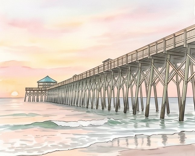 Watercolor: Sunrise on the pier