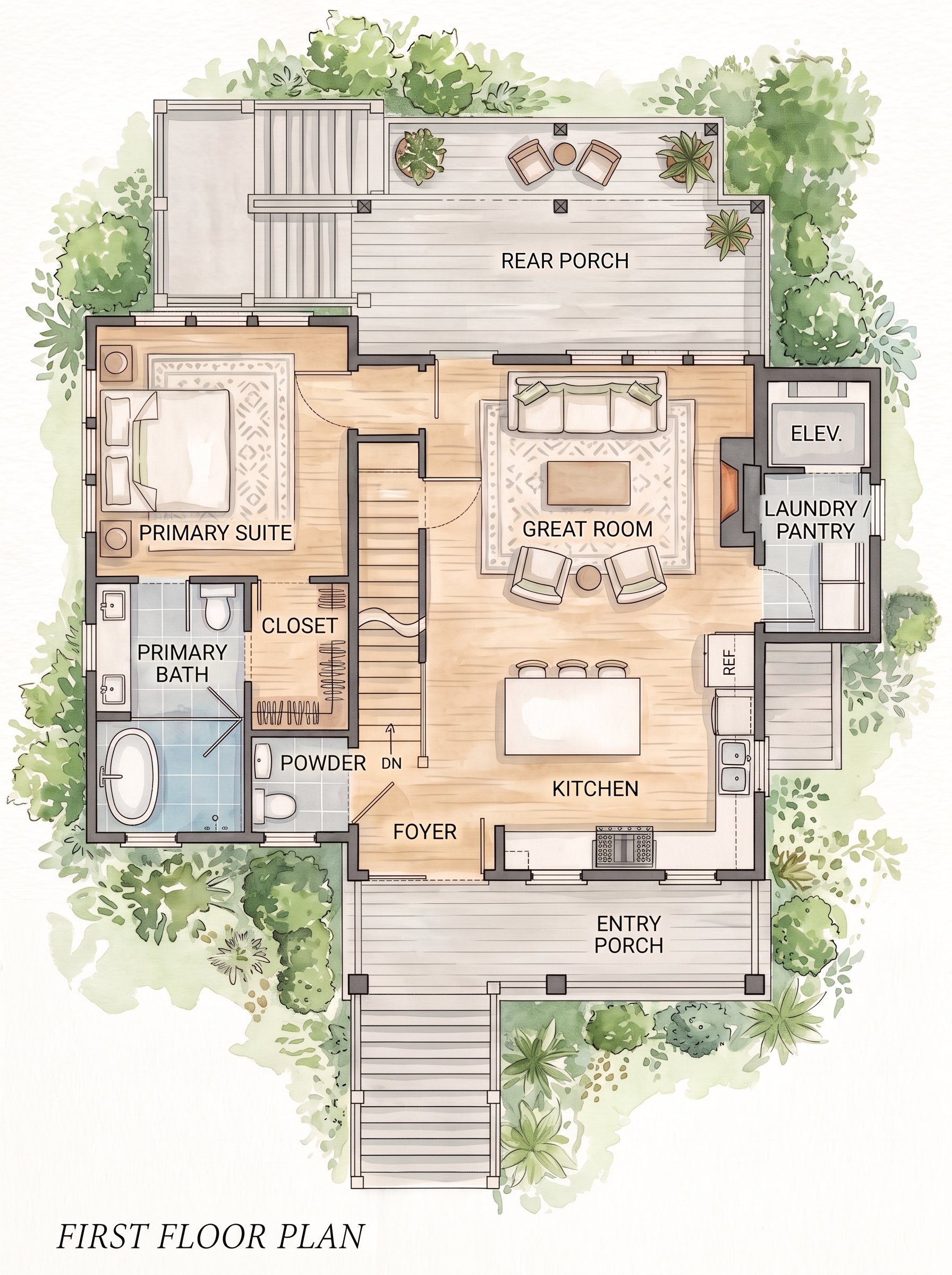 Illustrated first floor plan: entry porch, foyer, great room with fireplace, kitchen with island, primary suite with bath and closet, powder room, laundry and pantry, rear porch