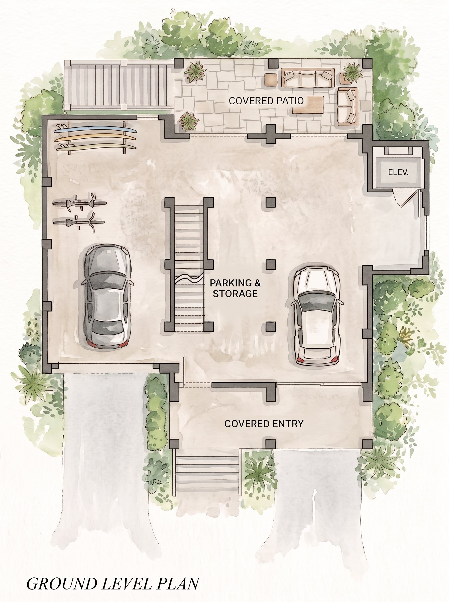 Illustrated ground level plan: drive-under parking for two cars, stair and elevator, concrete slab, louvered screening