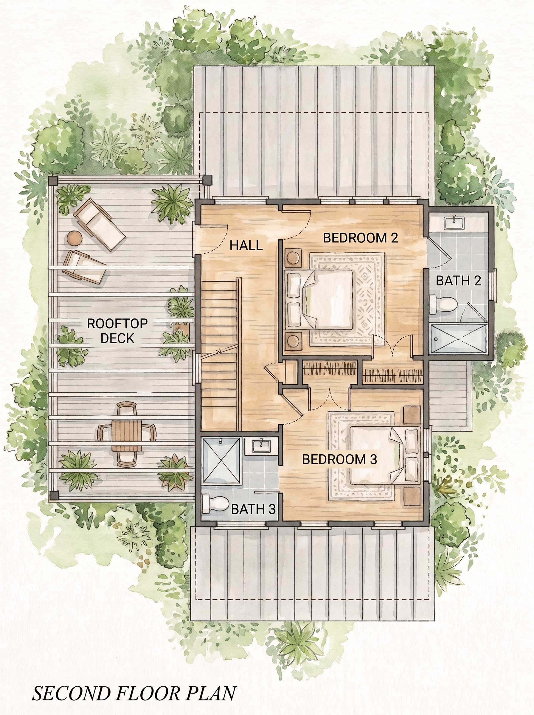 Illustrated second floor plan: bedrooms 2 and 3 with baths, hall, and a large deck